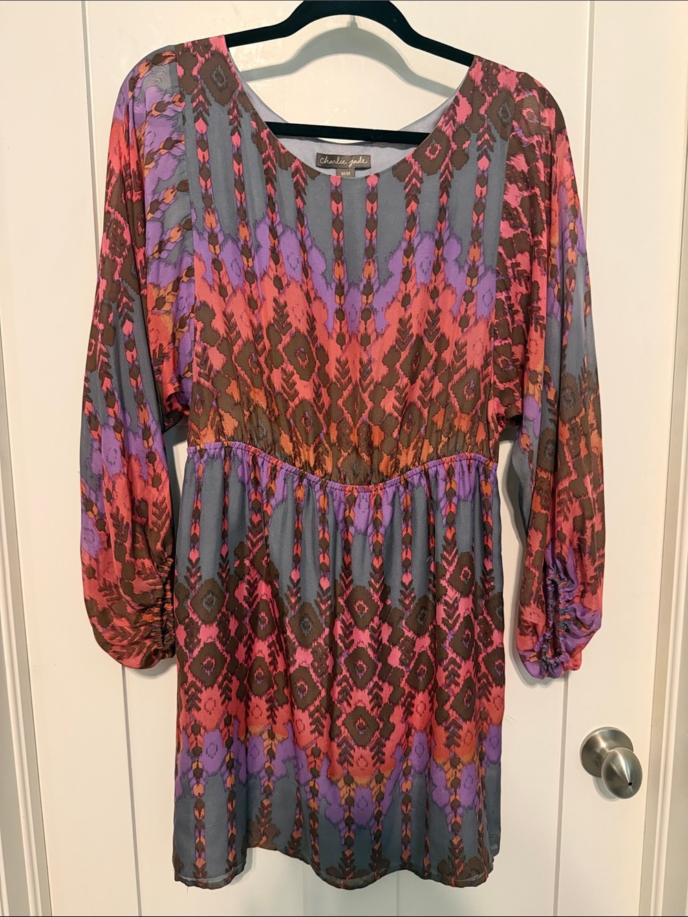 charlie jade 100% Silk Purple Pink Brown Abstract Print Long-Sleeve Dress